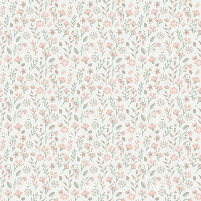 Papier peint floral champêtre rose poudré Couleur beige <span itemprop=