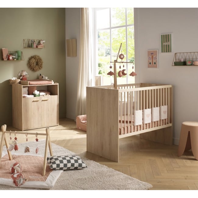 Chambre bébé duo: Lit bébé 60x120 évolutif et commode à langer 2 portes décor bois hêtre Couleur marron <span itemprop=