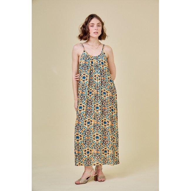 Robe longue imprimée à bretelles imprimé orange <span itemprop=