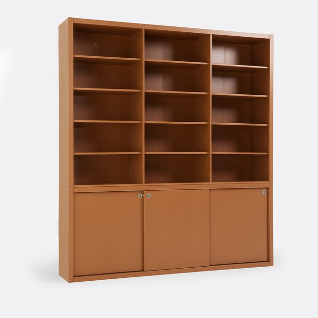 Bibliothèque, finition peinture mate, 15 niches et 3 portes, ALEXANDRIE Couleur caramel <span itemprop=