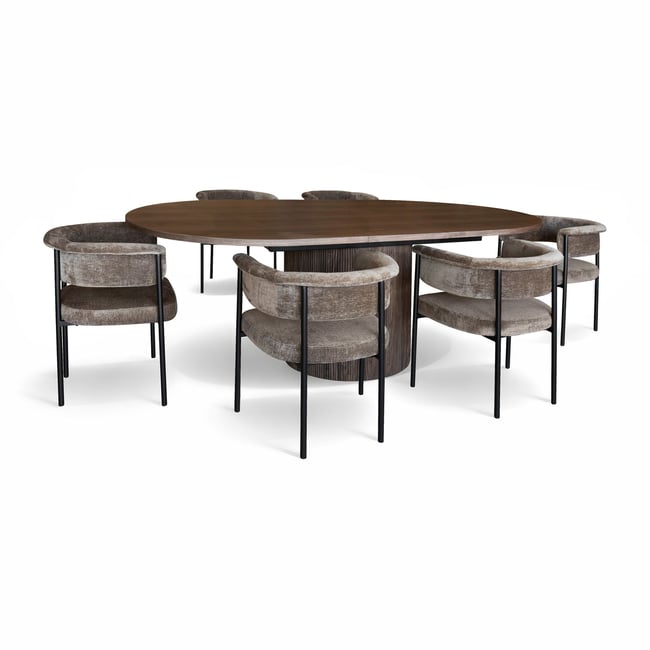 Table ovale extensible 180/220cm et 6 fauteuils en tissu Couleur coffee <span itemprop=