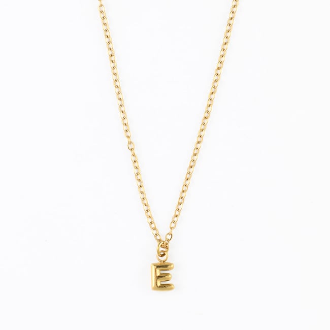 Collier à pendentif lettre E acier inoxydable doré <span itemprop=