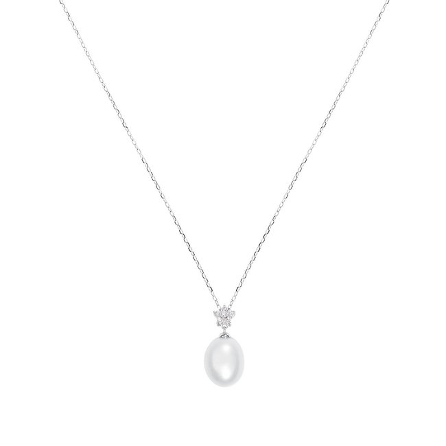 Collier en or 375 et perle de culture et oxyde de zirconium argent et blanc <span itemprop=