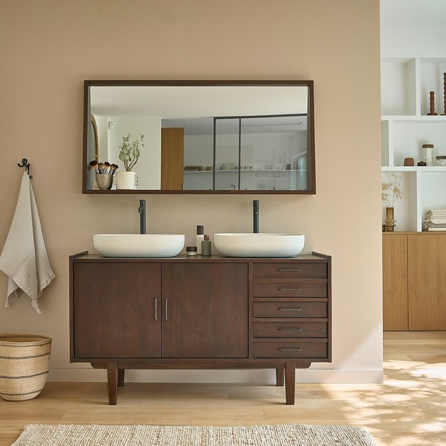 Meuble de salle de bain en mindi massif 135 cm VINTAGE Couleur marron <span itemprop=