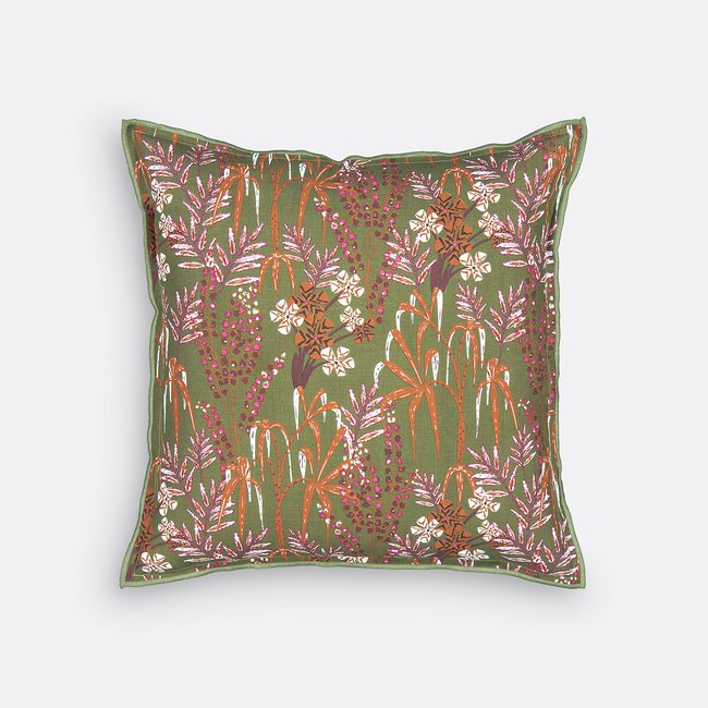 Housse de coussin 45 x 45 cm, coton, Juliette  imprimé fond kaki <span itemprop=