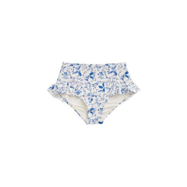 Bas bikini taille haute volants crème/bleu à petits motifs floraux <span itemprop=