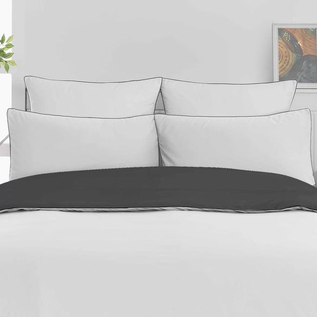 Parure housse de couette percale de coton avec 2 taies 65x65 cm ROSE WOOD BICOLORE blanc/anthracite <span itemprop=