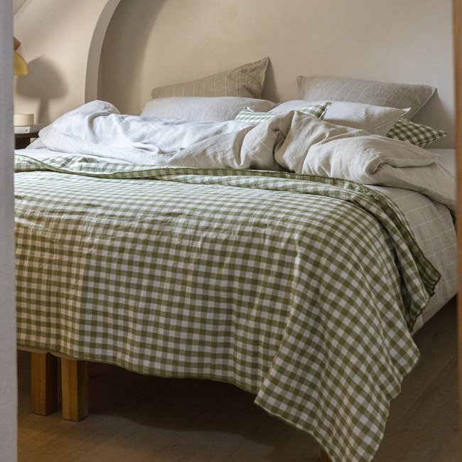 Plaid matelassé en coton et lin, PASSION VICHY - BLANC CERISE