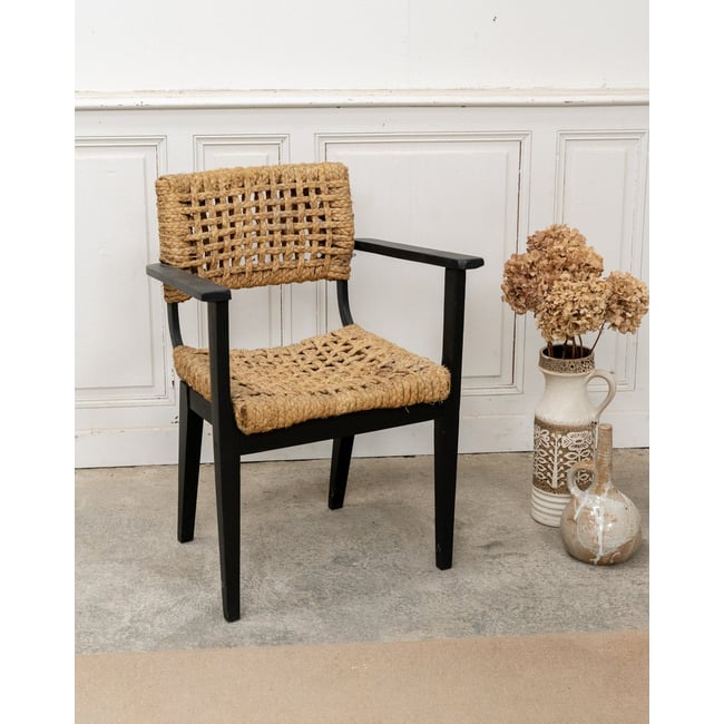 Fauteuil Audoux Minet en hêtre et corde tressée Ernest N°1053 - Bon état Couleur noir <span itemprop=