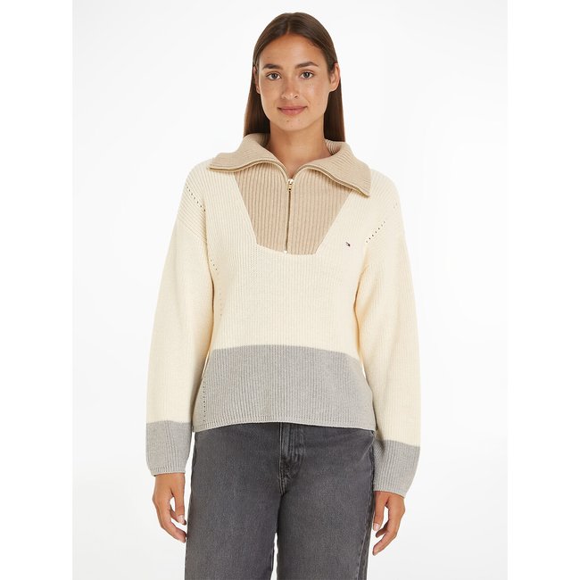 Pull maille tricot col camionneur beige <span itemprop=