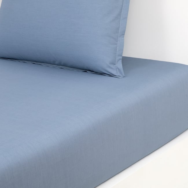 Drap housse en percale de coton bleu, ALCOVE céleste <span itemprop=