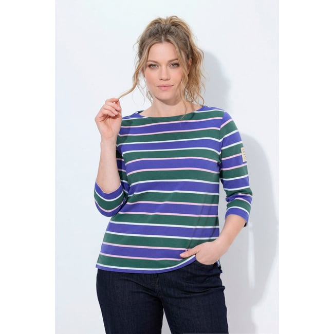 T-shirt rayé en coton bio, encolure bateau bleu clair brillant <span itemprop=