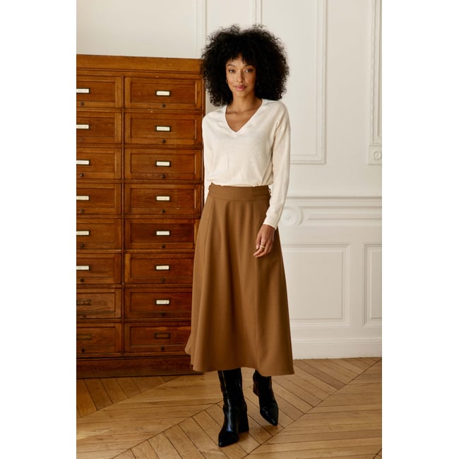 Jupe longueur midi évasée uni JULIETTE 15-camel <span itemprop=
