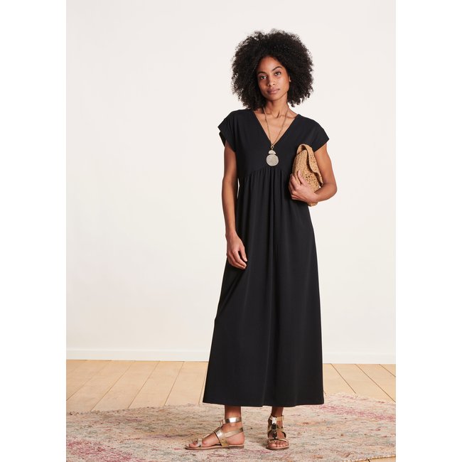 Robe mi-longue fluide manches courtes noir <span itemprop=