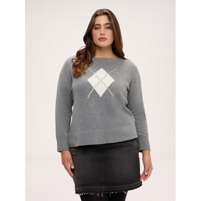 Pull motif argyle avec appliques gris <span itemprop=