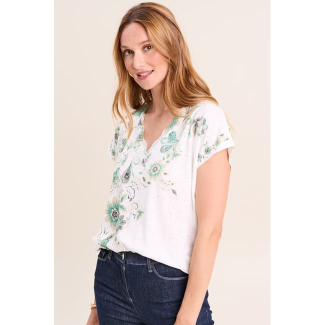 T-shirt col rond macramé manches courtes ecru <span itemprop=
