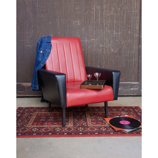 Fauteuil vintage en skai bicolore Jakob N°1285 - Bon état Couleur rouge <span itemprop=
