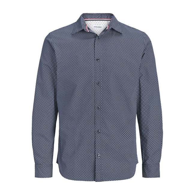 Chemise imprimée micro-motifs, manches longues imprimé bleu foncé <span itemprop=