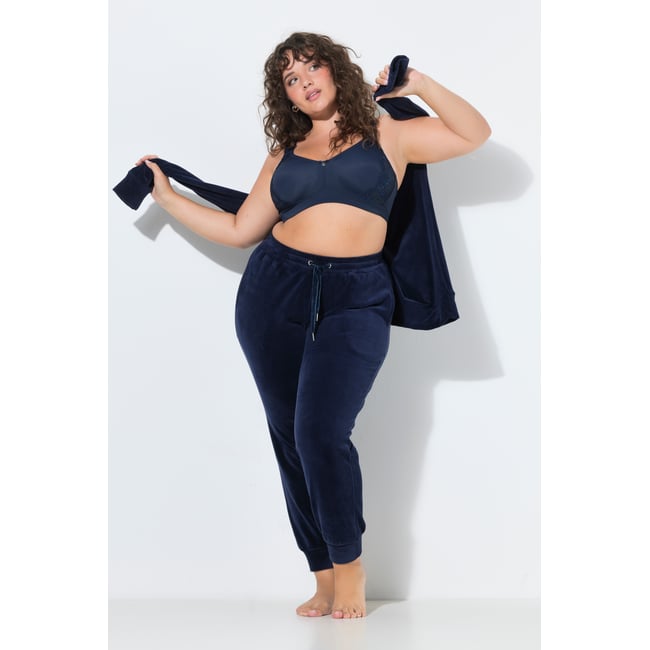 Pantalon homewear, velours ras bleu nuit <span itemprop=