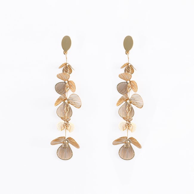 Boucles d'oreilles clips - longues fleurs dorées doré <span itemprop=