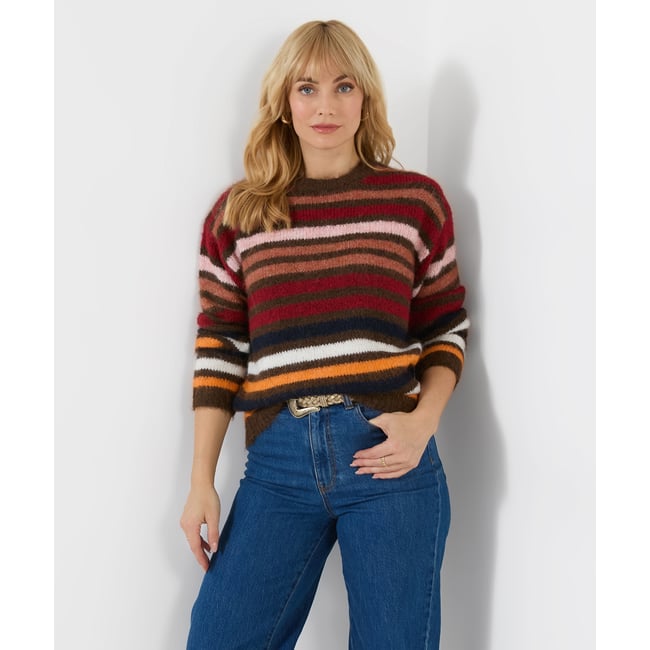 Pull Duveteux Rayé Jours d'Automne marron <span itemprop=