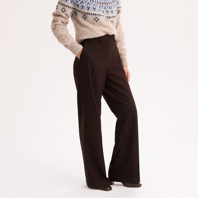 Pantalon large, effet flanelle, taille haute marron <span itemprop=