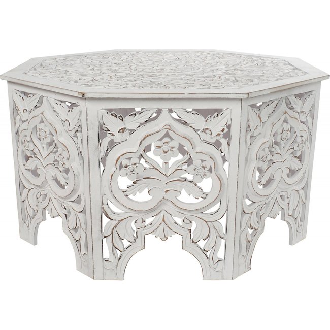 Table basse en bois sculpté, Indio Couleur blanc vieilli patiné <span itemprop=