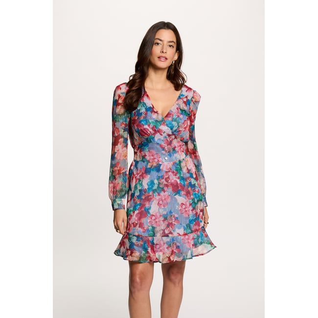 Robe courte col v multicolore <span itemprop=