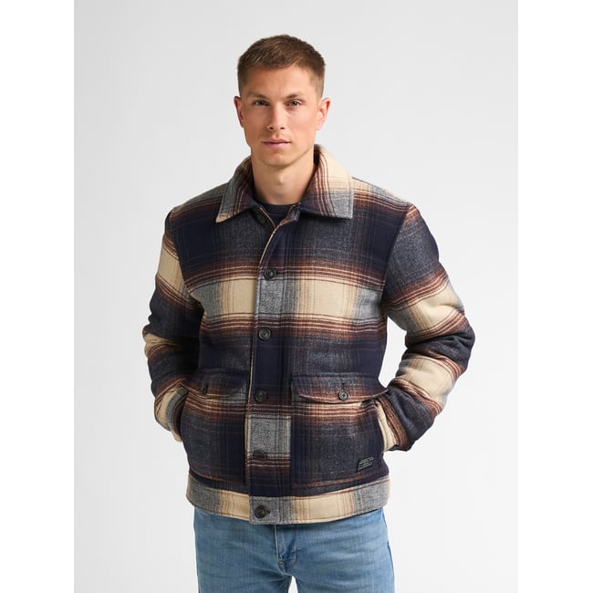 Veste ample longue à carreaux carreaux marine <span itemprop=