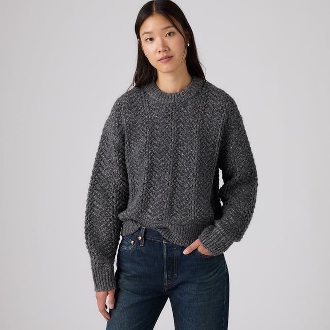 Pull col rond, maille pointelle gris foncé <span itemprop=