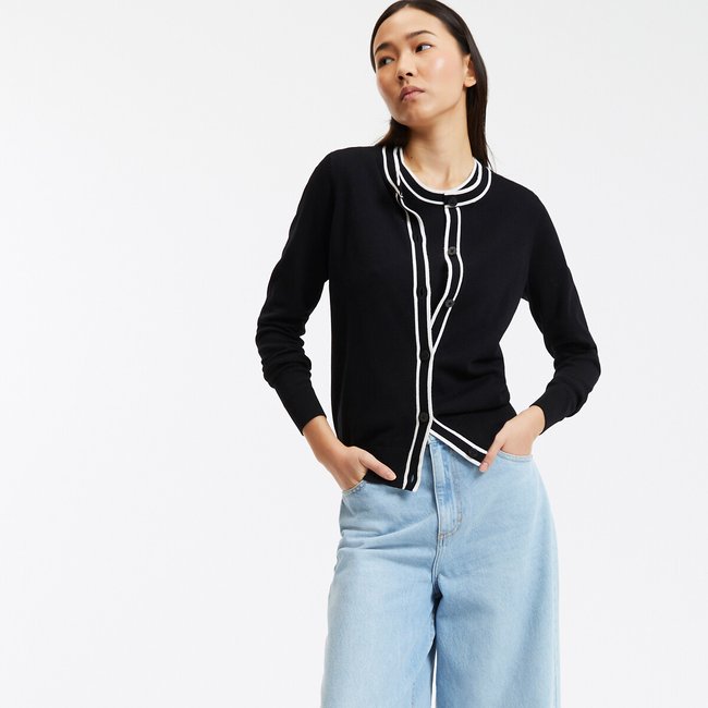 Cardigan col rond en fine maille, boutonné noir <span itemprop=