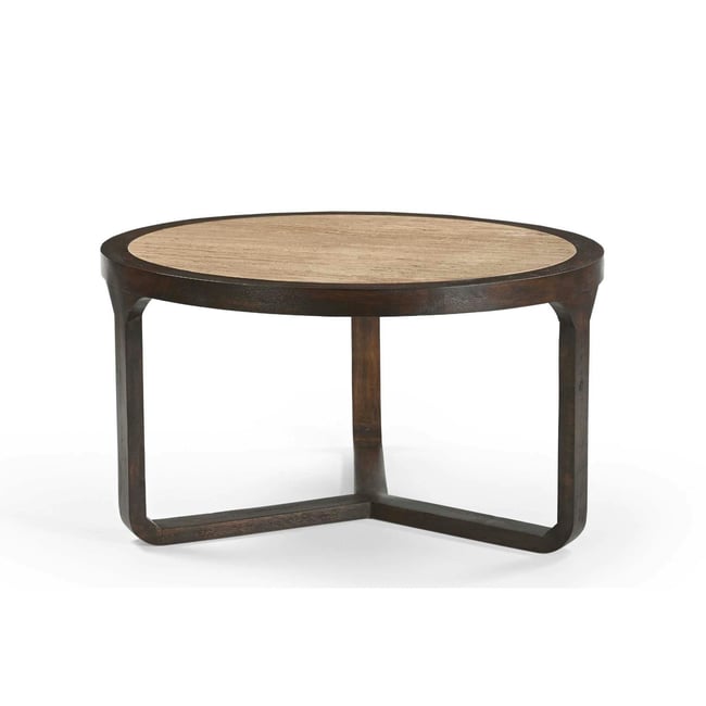 Table basse travertin et bois 3 pieds Ø75 cm DUOMO Couleur beige <span itemprop=