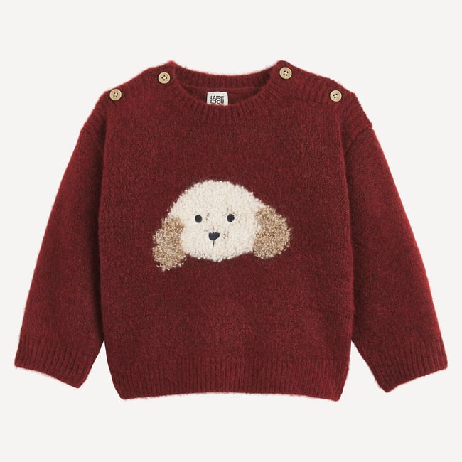 Pull col rond, en grosse maille, motif chien en jacquard bordeaux <span itemprop=