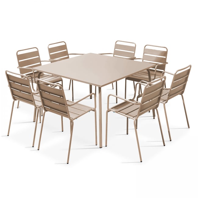 Salon de jardin table carrée et 8 fauteuils en métal, PALAVAS - OVIALA