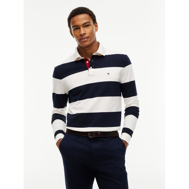 Polo manches longues bleu marine/écru <span itemprop=