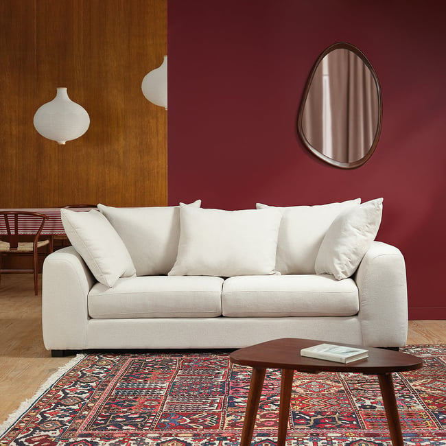 Canapé droit 3 places en tissu effet lin   EDMOND Couleur ecru <span itemprop=