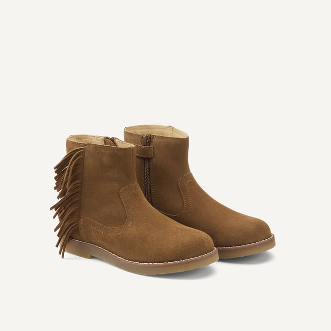 Bottines en cuir à franges camel <span itemprop=