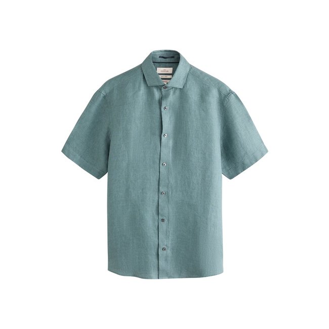 Chemise manches courtes lin tissé signature bleu sarcelle <span itemprop=