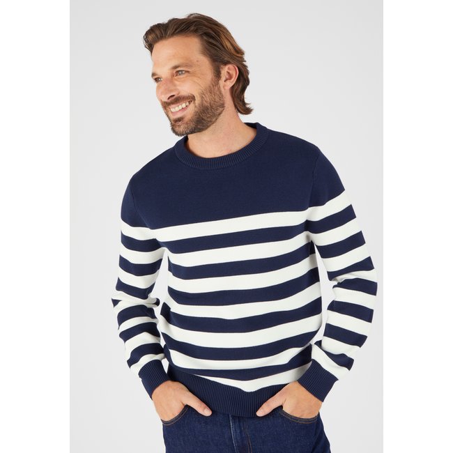 Pull esprit marinière bleu marine rayé <span itemprop=