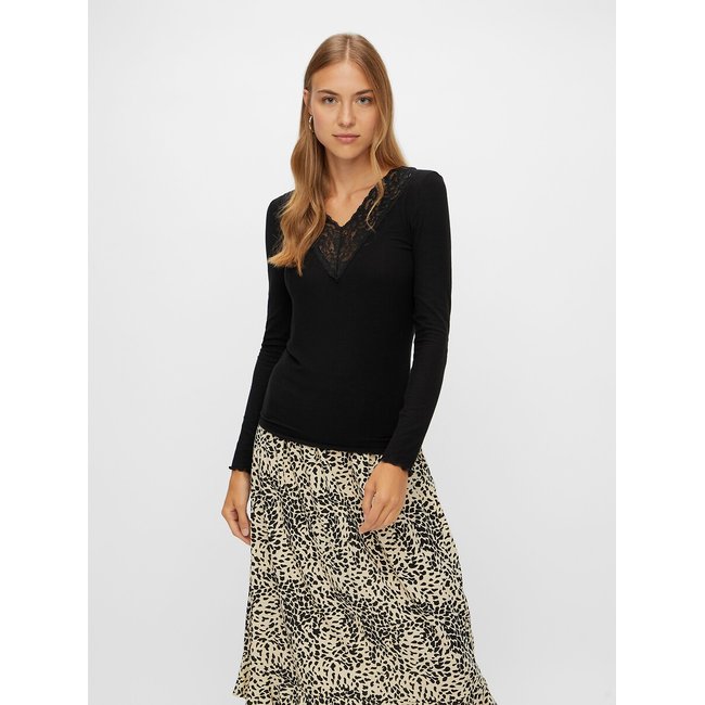 T-shirt a maniche lunghe con scollo a V nero PIECES