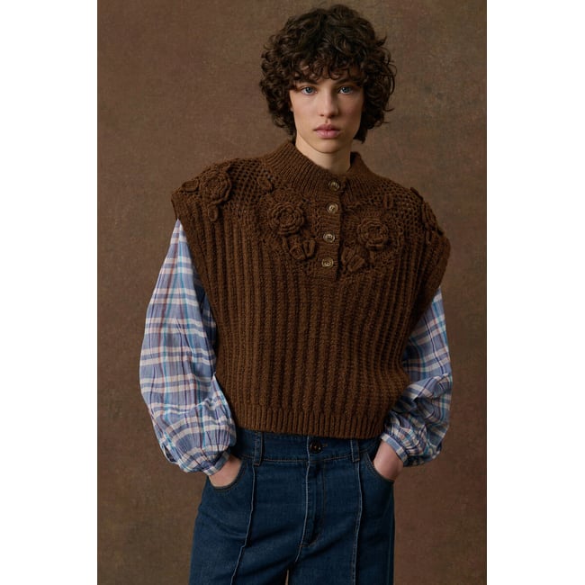 Pull sans manches brodé, SONGIA marron <span itemprop=