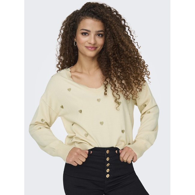 Maglione con scollo a V écru/gold ONLY