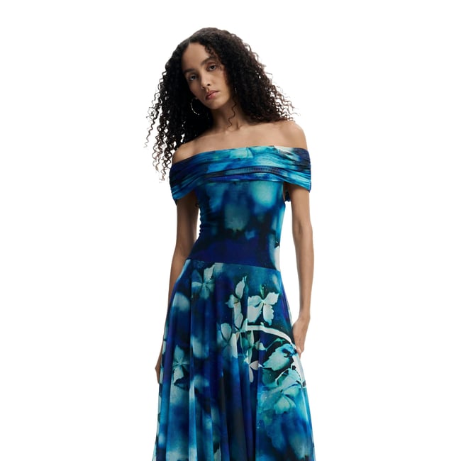 Robe longue à fleurs bleu <span itemprop=