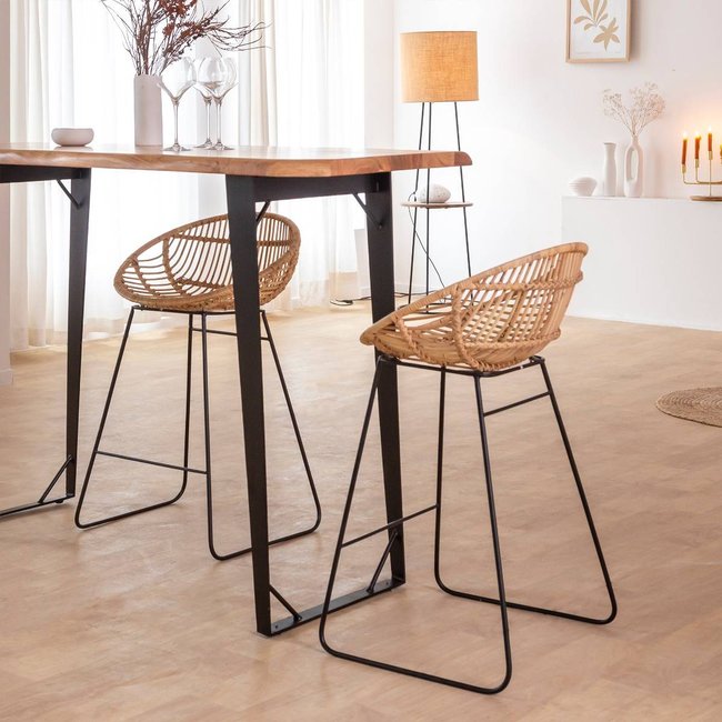 Tabouret de bar rond en rotin et métal  CALVI Couleur bois clair <span itemprop=