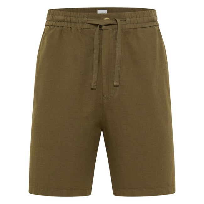 Short Chino kaki uni en coton et lin mélangé avec une coupe droite vert <span itemprop=