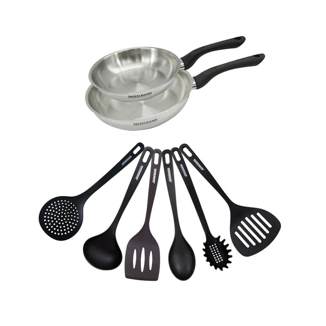 Set 2 poêles 20 et en inox et 6 ustensiles GENEVA inox|noir <span itemprop=