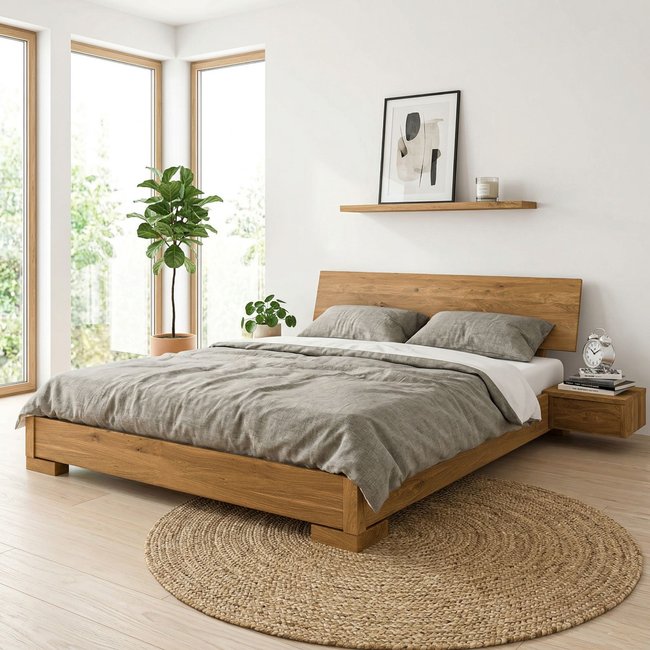 Lit en chêne massif clair avec tête de lit intégrée Couleur bois clair <span itemprop=