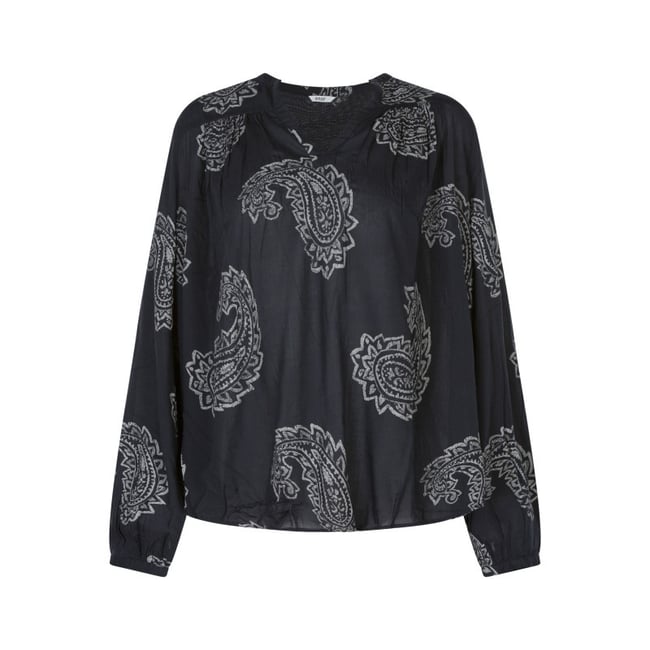 Chemisier blouse noir à motifs avec une coupe ample et un col tunisien noir <span itemprop=