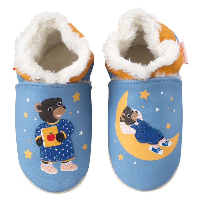 Chaussons cuir souple Petit Ours Brun bleu <span itemprop=