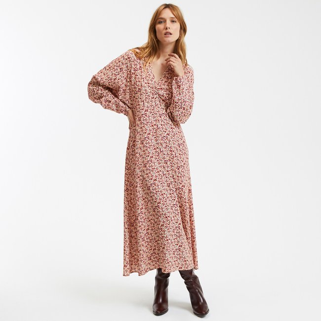 Vestido comprido com decote em V, estampado floral estampado floral rosa <span itemprop=